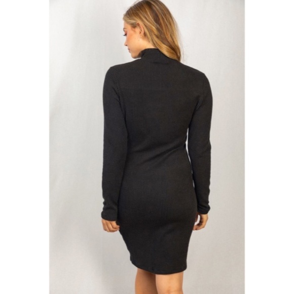 CLEARANCE Black Ribbed Mock Neck Long Sleeve Cut Out Neckline Sexy Dress - Picture 5 of 5